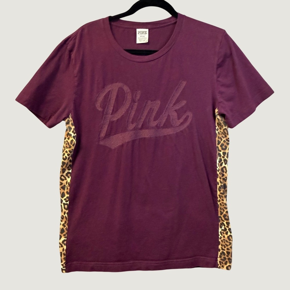 Victoria's Secret PINK T-Shirt Womens Medium Burgundy Leopard Print Side Panels